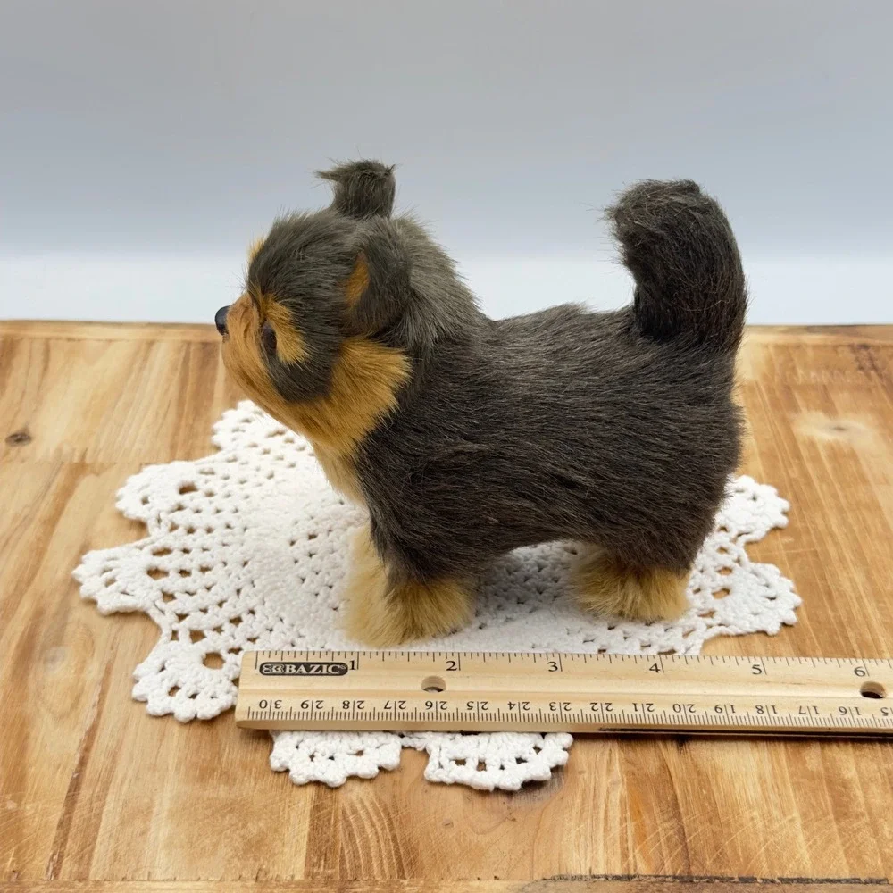 Yorkshire Terrier Dog Figurine Black Tan Realistic Faux Fur Vintage Decor Animal